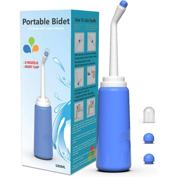 Peri Bottle, Portable Travel Bidet with Bag, TPE Material Can Be Boiled, 17oz/500ml with 2 Sealing Rings,Essentials for Postpartum Perineal Care,Hemorrhoid Treatment,and Baby(Blue)