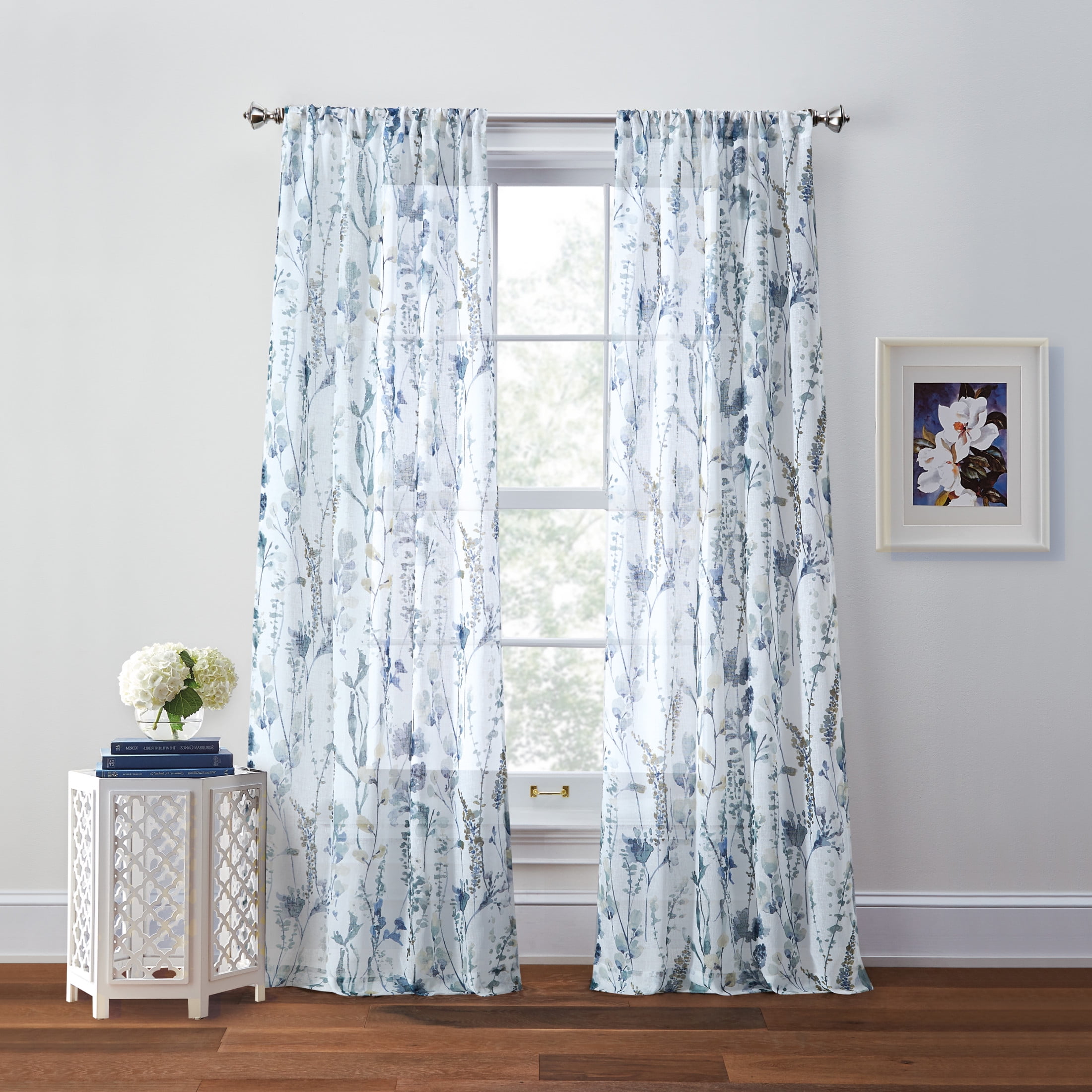 Aphrodite Sheer Floral Silver Polyester Curtain Panel Pair