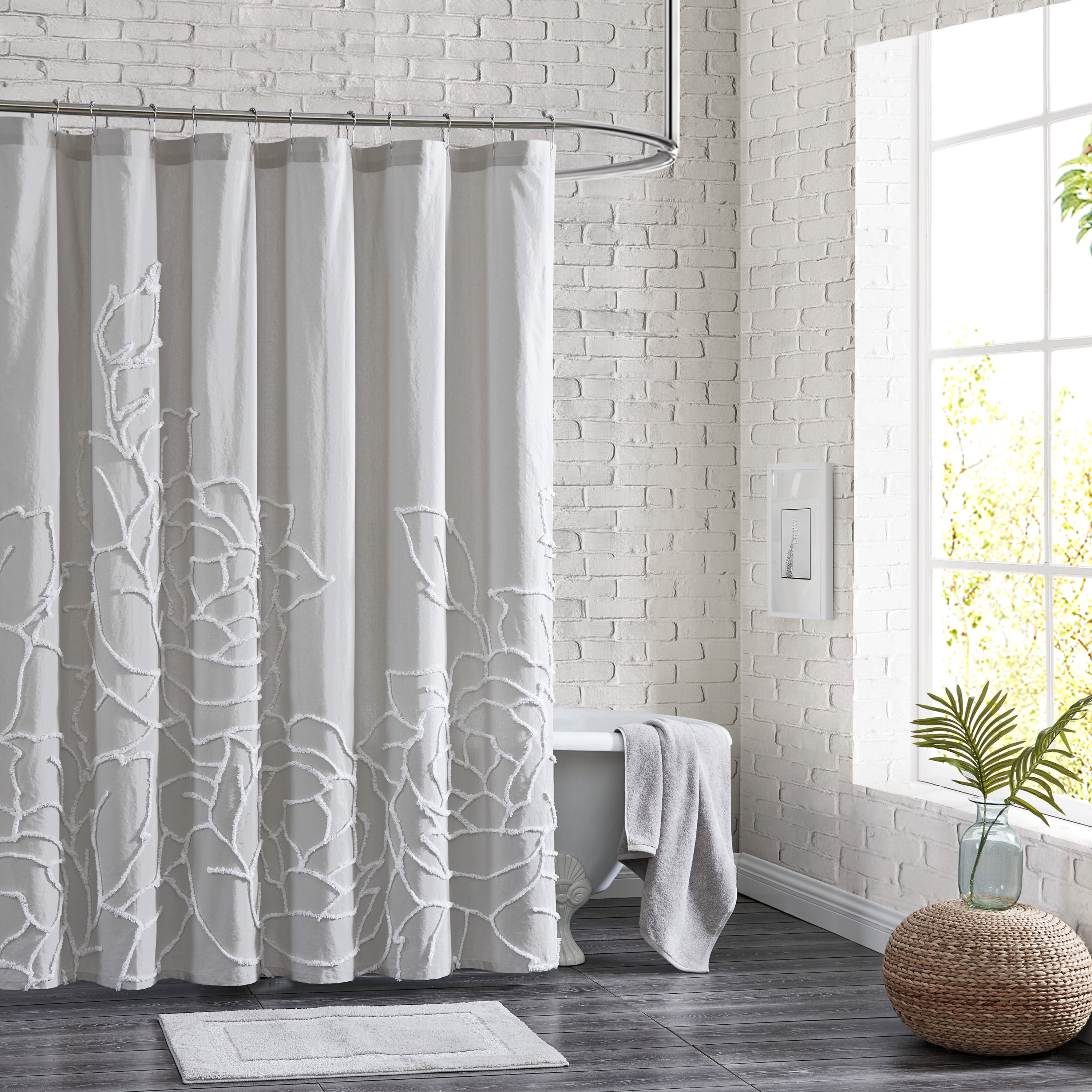 Grey Cotton Chenille Rose Floral Shower Curtain, 72" x 72"