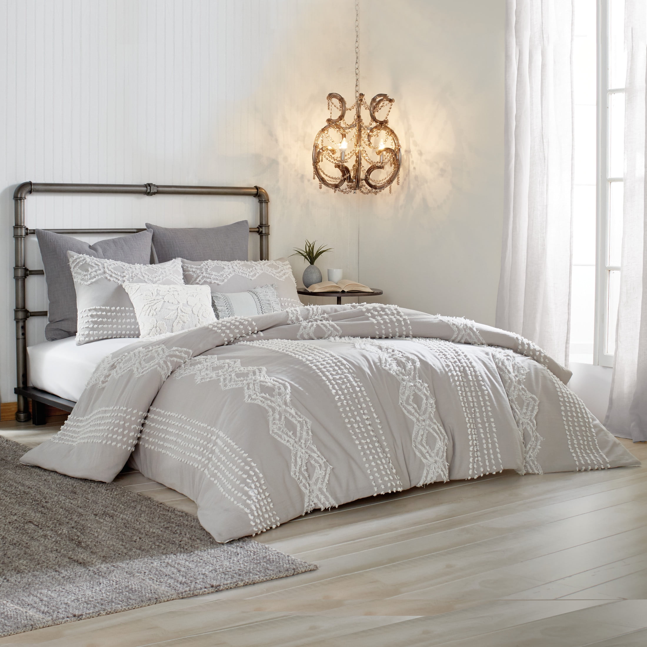 Gray Cotton Geometric Textured Queen Duvet Cover