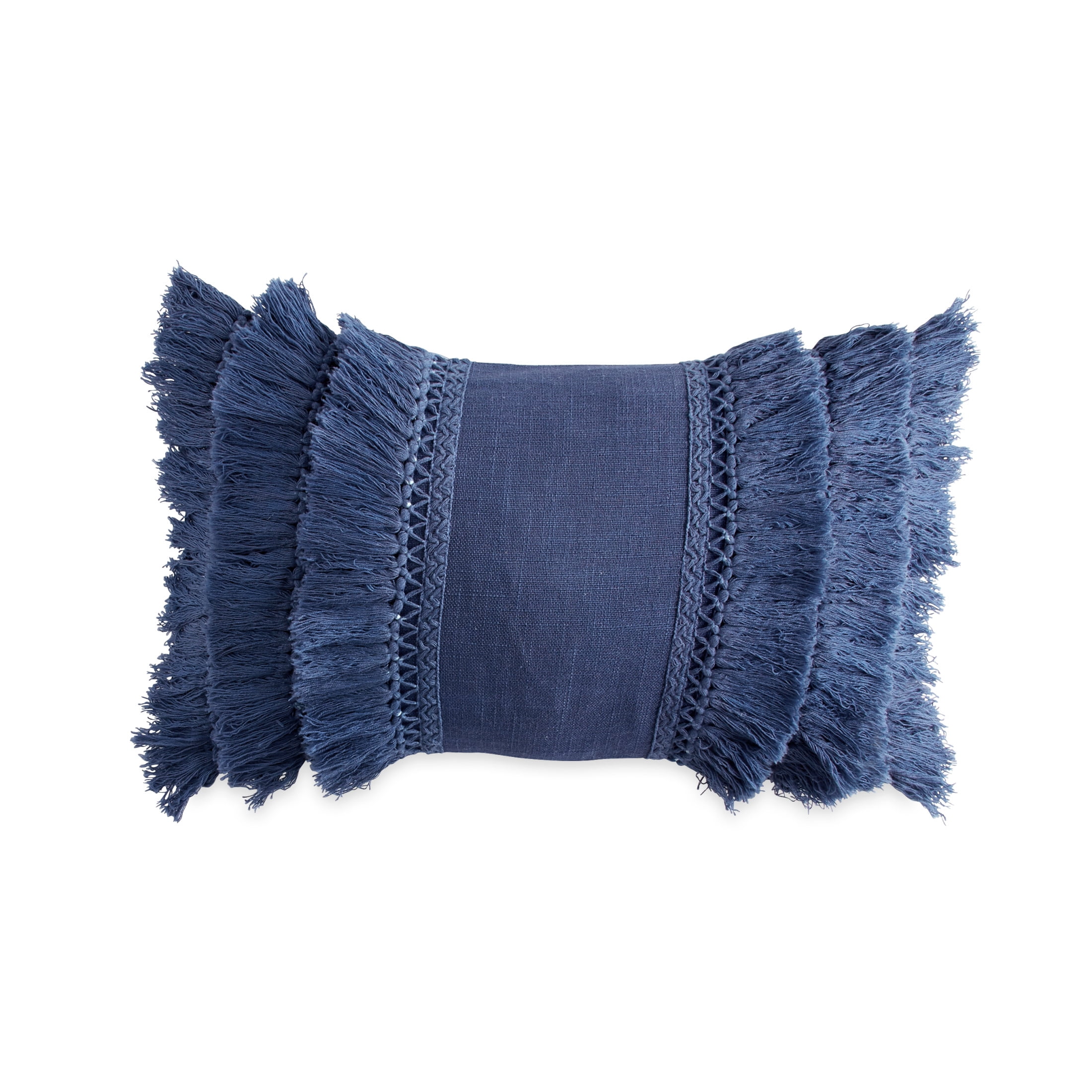 Peri Home Fringe Decorative Pillow Rectangle 12" x 18", Navy, Cotton