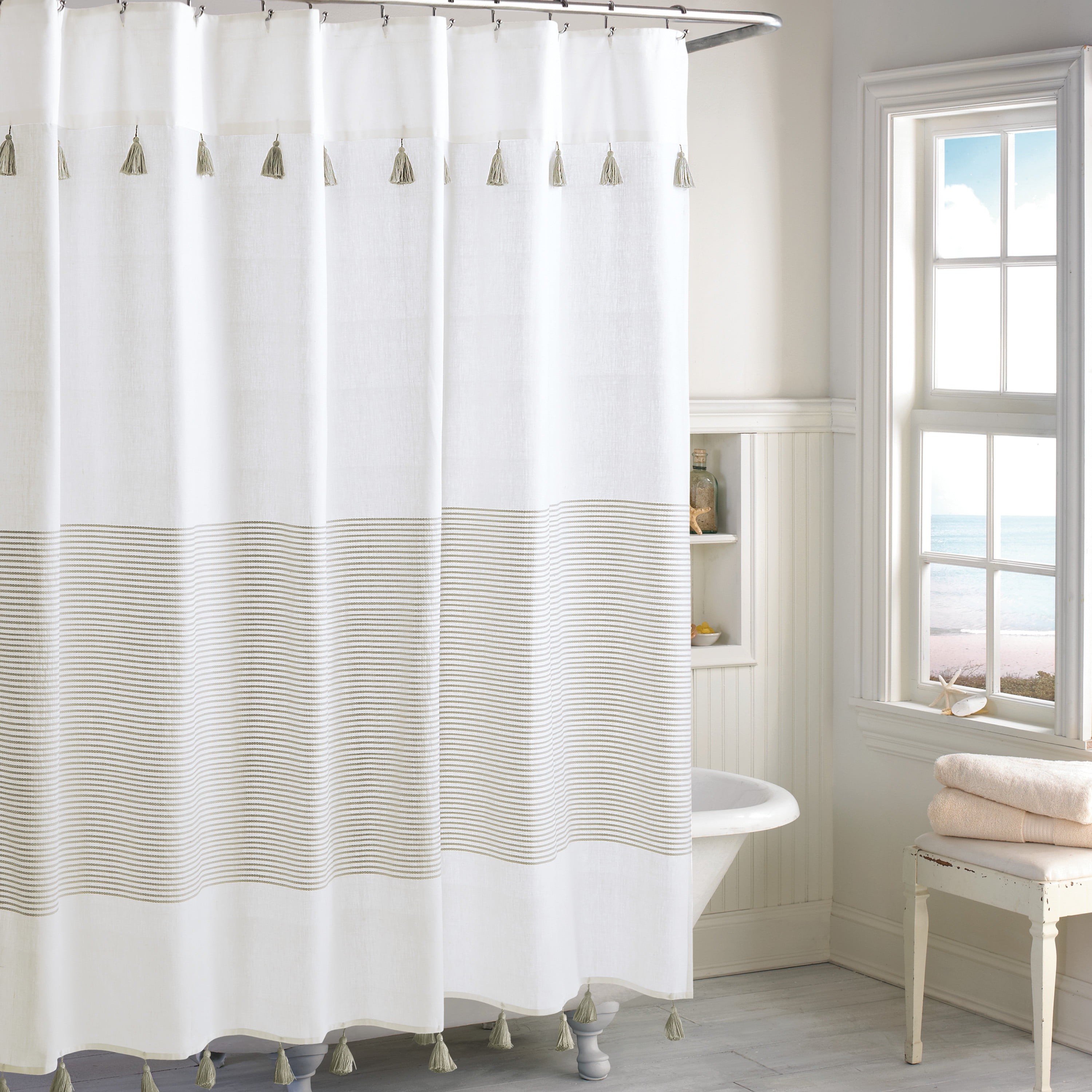 Taupe and White Cotton Striped Shower Curtain with Tassels