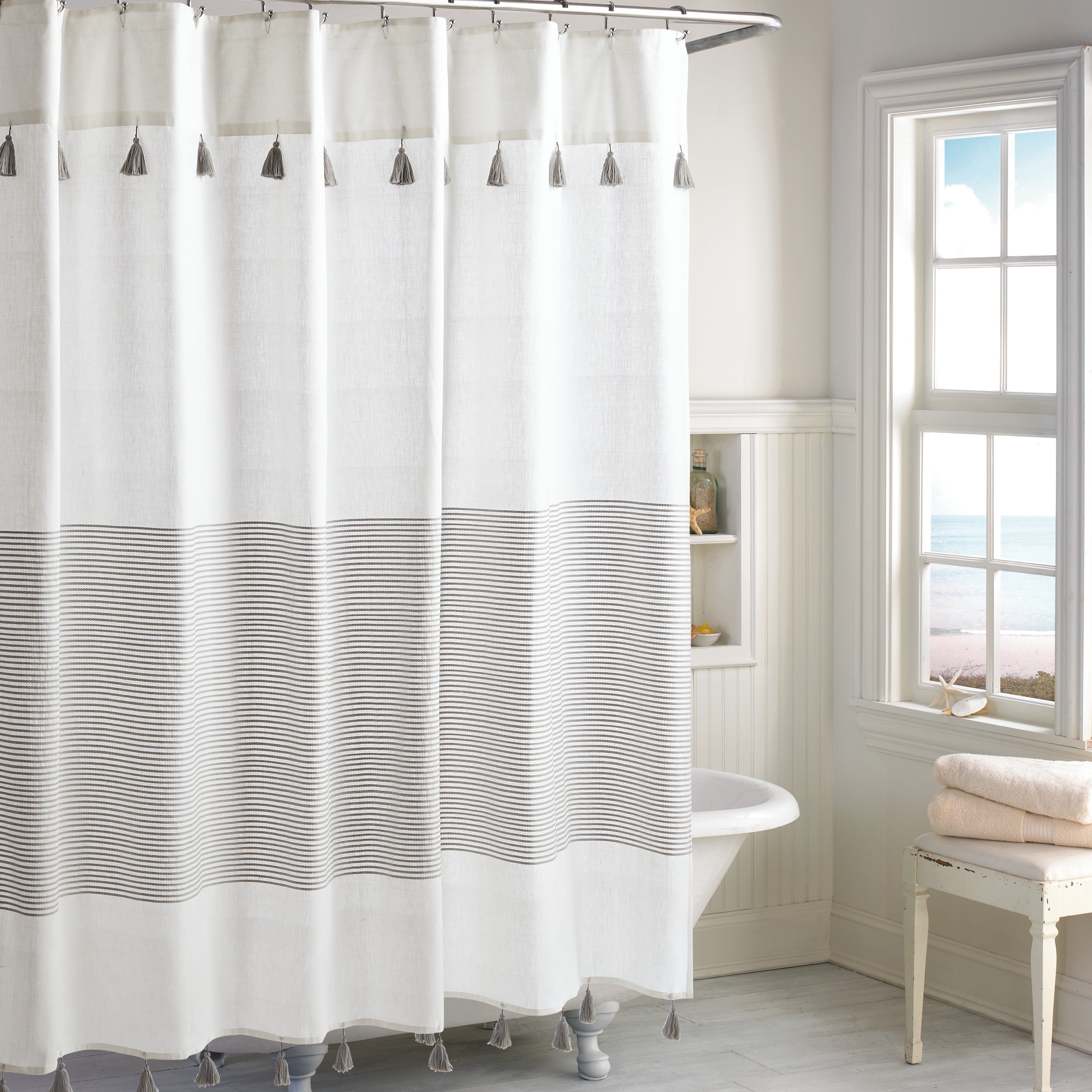 Gray and White Cotton Striped Shower Curtain with Tassels