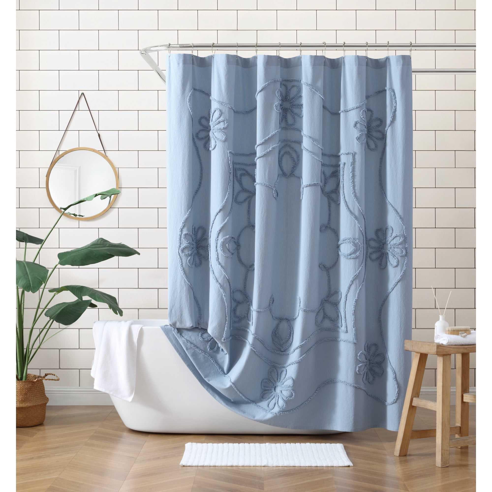 Blue Chenille Tufted Floral Cotton Shower Curtain, 72in x 72in