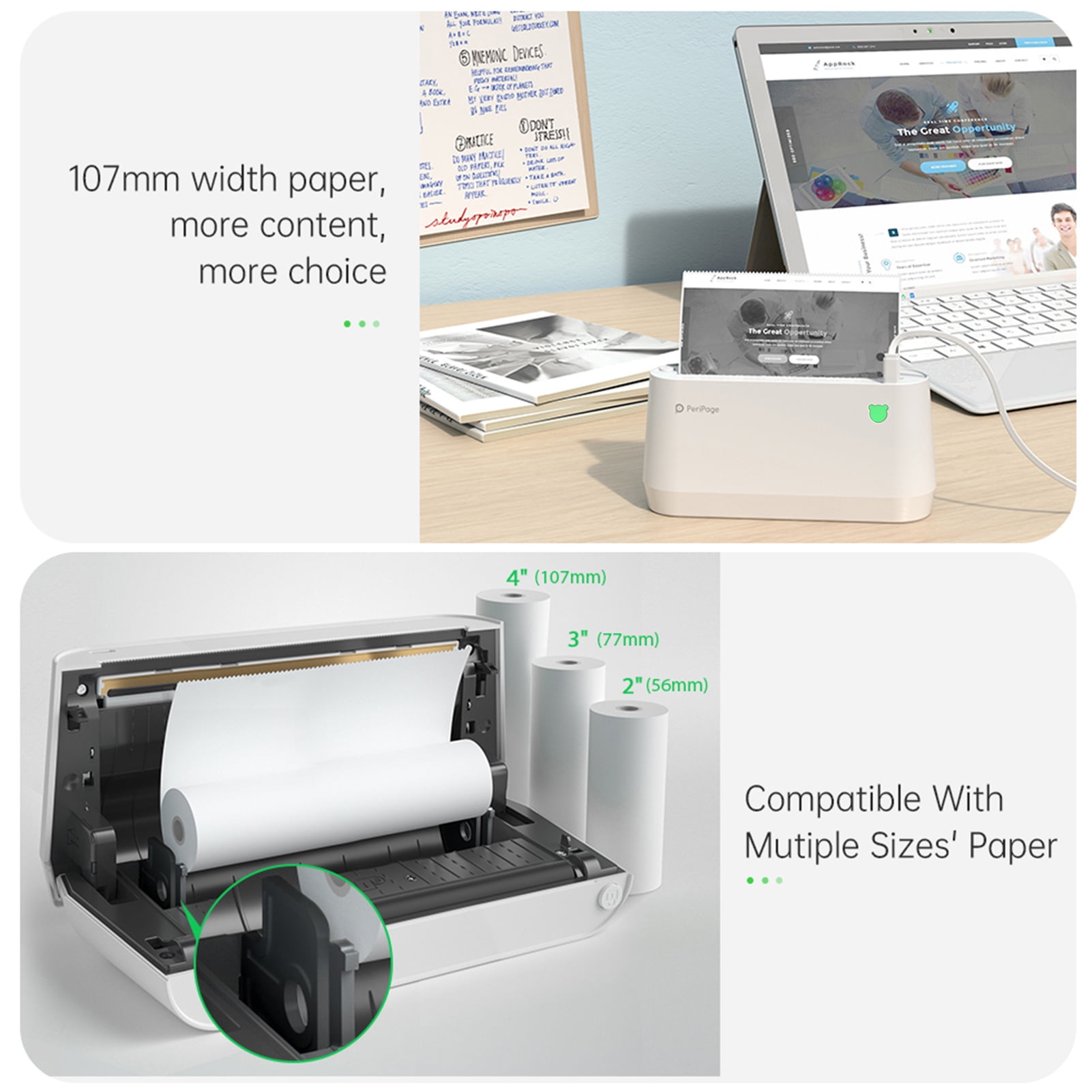 PeriPage A9 MAX Mini Thermal Printer 203dpi Portable BT Wireless Photo Mobile Printer Inkless Printing Receipt Label Maker Sticker Support 107mm/77mm/57mm Paper Width Compatible with Android
