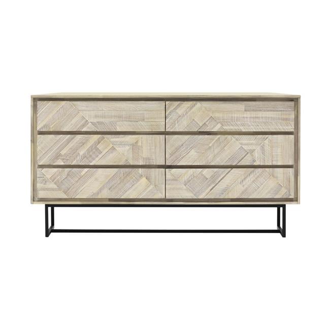 Transitional Acacia Wood 6-Drawer Dresser with Black Metal Base