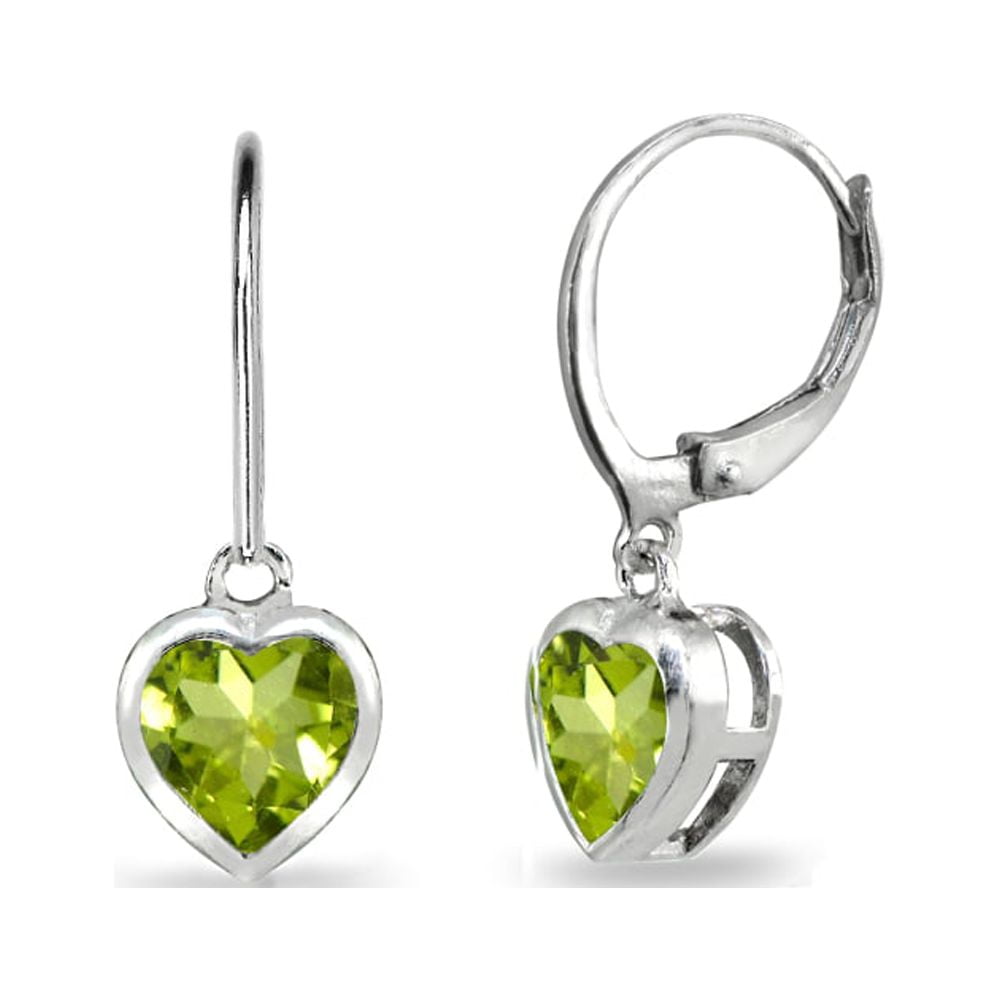Peridot 6mm Heart Bezel-Set Dainty Dangle Leverback Earrings in Sterling Silver