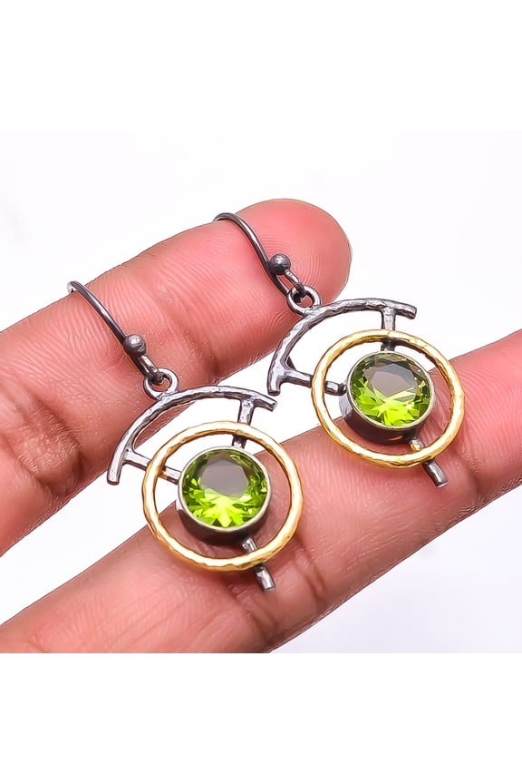 Peridot 925 Sterling Silver Black & Gold Rhodium Plated Earring 1.64" E24, Gemstone Silver Jewelry, New Year Sale, Valentin's Day Gift
