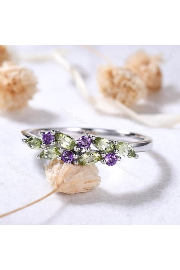 Peridot Amethyst Gold Ring Green Purple Gemstone Cluster Wedding Ring Dainty Birthstone Ring Anniversary Gift Women