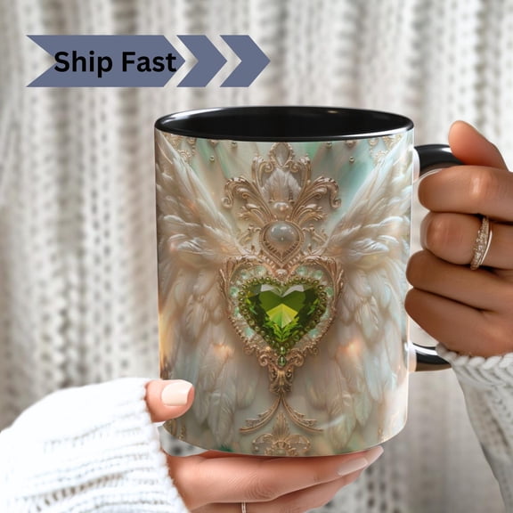 Peridot Angel Wings Heart Gemstone PRINT Mug, August Birthstone Coffee Cup, Guardian Angel Gift