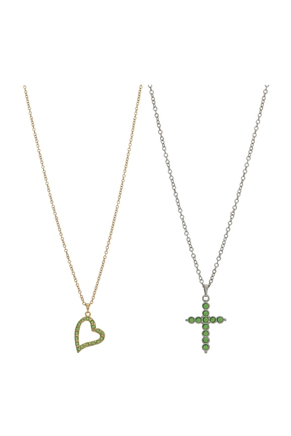 Peridot August Birthstone 2pc Pendant Necklace Set Gold Heart & Silver Cross