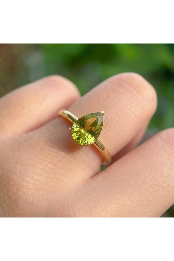 Peridot Birthstone Ring, 7x9 mm Pear Cut Solitaire Engagement Ring, August Gemstone, Teardrop Promise Ring