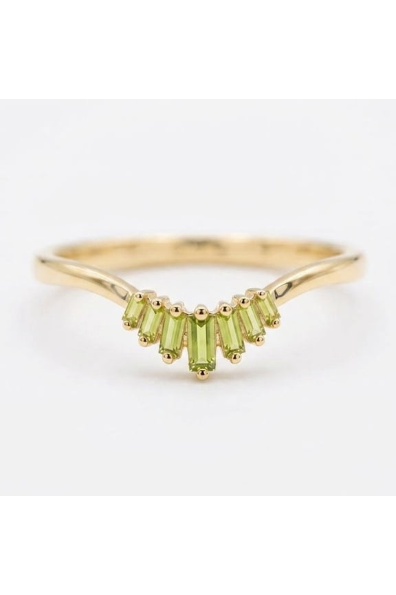 Peridot Curved Engagement Ring, Baguette Cut Sunburst Stacking Ring, August Birthstone Gift for Her, Minimalist Chevron Handmade Jewelry