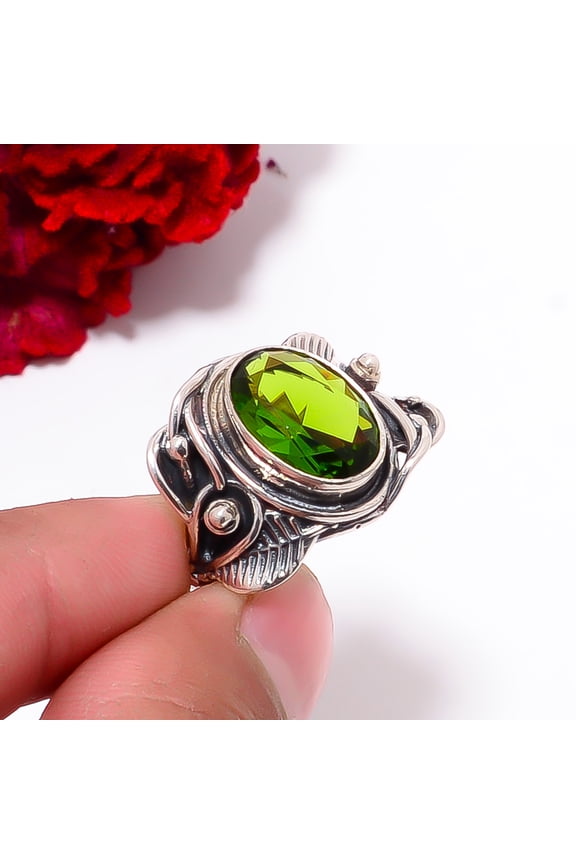 Peridot Designer Gemstone Handmade Oxidised 925 Sterling Silver Ring S.8 R97925, Christmas Gift