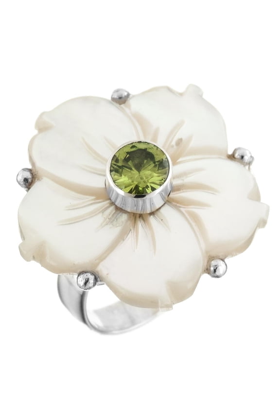 Peridot Mother Of Pearl Shell Flower 925 Sterling Silver Adjustable Ring