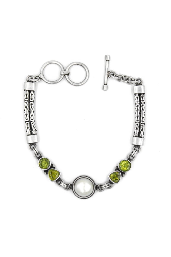 Peridot Pearl Gemstone 925 Sterling Silver Handmade Balinese Adjustable Bracelet for Women Unique Designer Ethnic Tribal Bracelet Jewelry / 8 Length