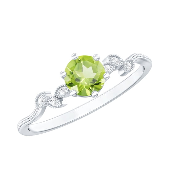 Rosec Jewels Real Peridot Promise Ring with Diamond - Leaf Ring - AAA Quality - Ready to Gift for Valentines Day, 10K White Gold, US 13.00