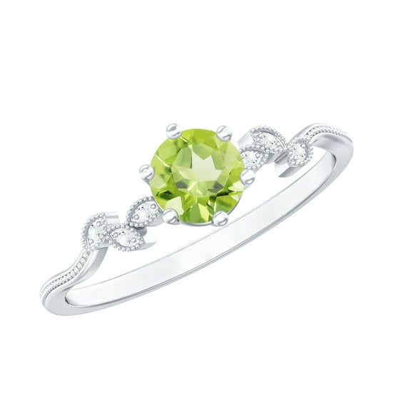 Rosec Jewels Real Peridot Promise Ring with Diamond - Leaf Ring - AAA Quality - Ready to Gift for Valentines Day, 18K White Gold, US 5.50
