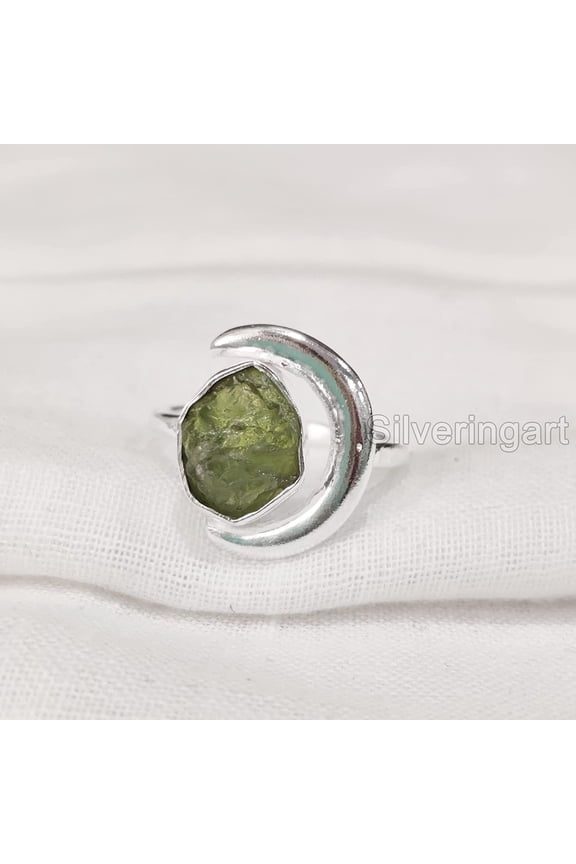 Peridot Ring, Rough Peridot Ring, August Birthstone, Crescent Moon Adjustable Ring, 925 Sterling Silver, Womens Ring, Christmas, Thanksgiving, Handmade, Statement Jewelry, Rough Gemstone Jewelry