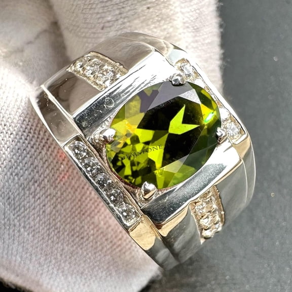 Peridot Ring for Men in Sterling Silver | Natural Green Gemstone Jewelry | Elegant Gift for Him