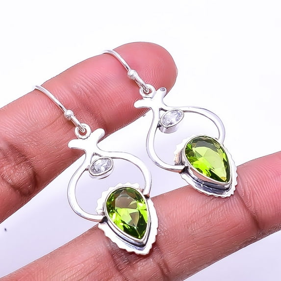 Peridot & White Topaz Designer Handmade 925 Sterling Silver Earring 1.72" E6, Gemstone Silver Jewelry, New Year Sale, Valentin's Day Gift