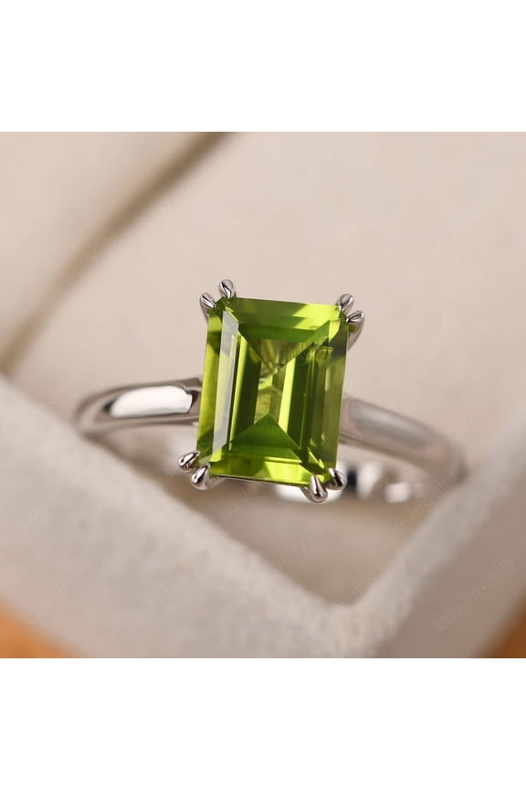 Peridot ring, emerald cut gemstone engagement ring 925 sterling silver ring