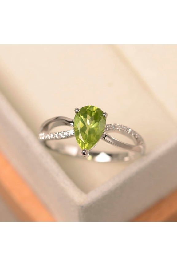 Peridot ring pear cut gemstone engagement ring 925 sterling silver ring