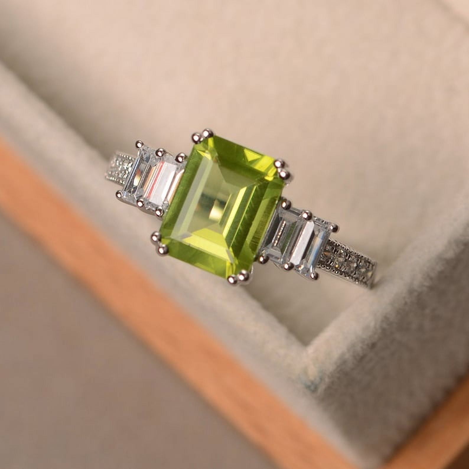 Peridot ring, promise ring, August birthstone, emerald cut ring