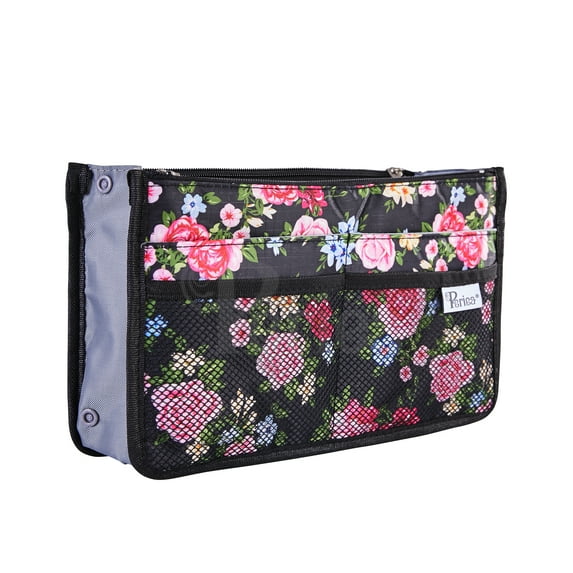 Periea Chelsy Purse Organizer - Handbag, Tote, Bag Organizer Insert - 13 Pockets, 3 Sizes, 39 Colors (Floral Black, Small)