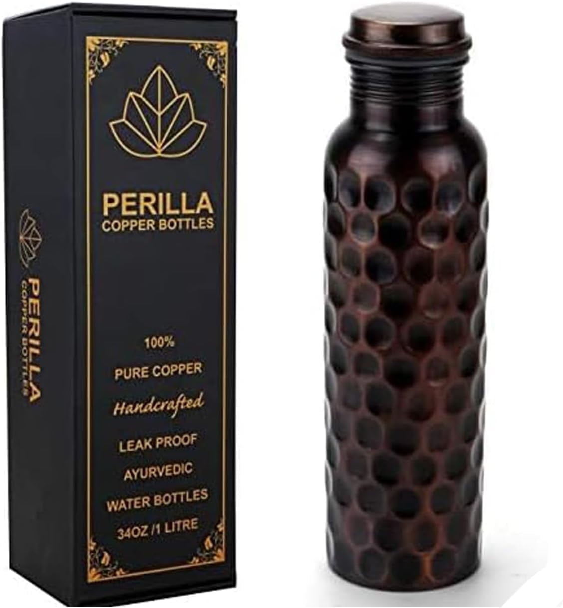 Perilla Home 100% Antique Diamond 1 Litre Pure Copper Bottle With Leak Proof Contains Ayurveda Health Benefits For Drinking Water For Men Women Gym Yoga Travelling Hiking Indoor | Outdoor | Office |