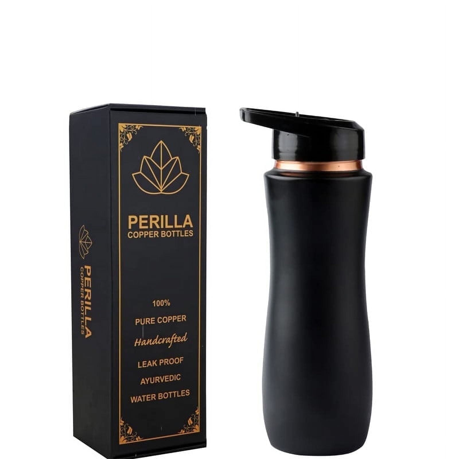 Perilla Home 100% Black Pure Copper Bottle with Sipper & Lid 25.37 oz Ayurvedic Bottle with Leak Proof Contains Health Benefits for Drinking Water For Men Women Gym Yoga Indoor Outdoor Office