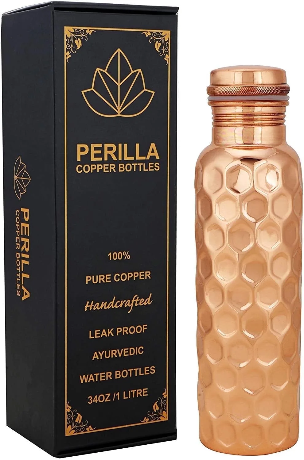 Perilla Home 100% Diamond 1 Litre Pure Copper Bottle With Leak Proof Contains Ayurveda Health Benefits For Drinking Water For Men Women Gym Yoga | Travelling | Hiking | Indoor | Outdoor | Office |