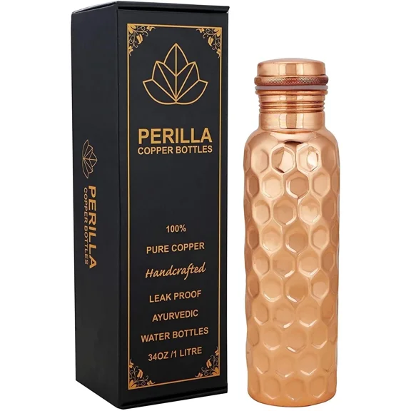 Perilla Home 100% Diamond 1 Litre Pure Copper Bottle With Leak Proof Contains Ayurveda Health Benefits For Drinking Water For Men Women Gym Yoga | Travelling | Hiking | Indoor | Outdoor | Office |