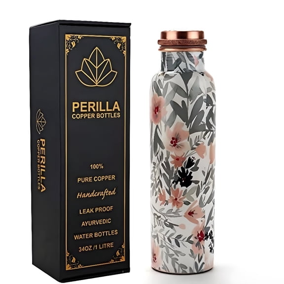 Perilla Home 100% Grey Floral Printed Copper Bottle With 34 Oz Leak Proof Contains Ayurveda Health Benefits For Drinking Water For Men Women Gym Yoga Travelling Hiking | Indoor | Outdoor | Office |