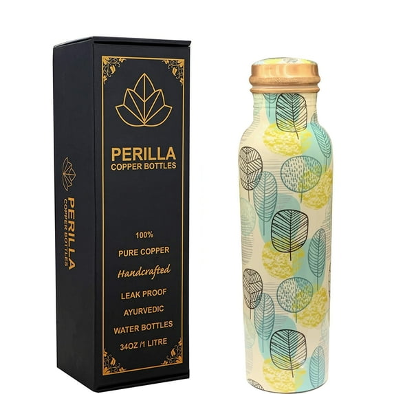 Perilla Home 100% Leaves Printed Copper Bottle With 34 Oz Leak Proof Contains Ayurveda Health Benefits For Drinking Water For Men Women Gym Yoga Travelling Hiking | Indoor | Outdoor | Office |