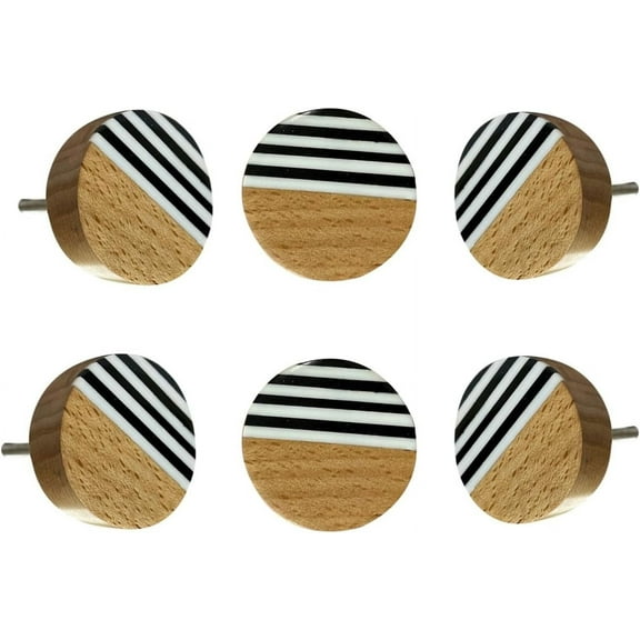 Perilla Home Aubrey Wooden Black&White Knobs Pack of 6 Handmade (1.5 Inch Diameter) Kitchen Cabinets Knobs Stylish Pulls With Brass Metal Screw Drawer Knobs for Closet Hallway Bedrooms Bathroom