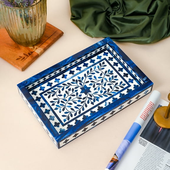 Perilla Home Designer Wooden Serving Tray Mosaic Patterned Server for Breakfast, Snacks, Platter, Coffee Decorative Tray for Home, Office, Kitchen, Bathroom Ottoman Tray Rectangular Mosaic Decor