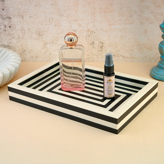 Perilla Home Designer Wooden Serving Tray Stripped Patterned Server for Breakfast, Snacks, Platter, Coffee Decorative Tray for Home, Office, Kitchen, Bathroom Ottoman Tray Rectangular Striped Decor