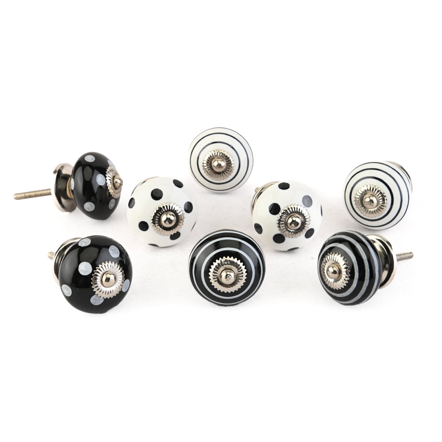 Perilla Home Printed Ceramic Knobs for Cabinet Vintage Kitchen - Set of 8 Assorted Decorative Cupboard Door & Wardrobe Drawer Pulls Chrome Hardware Handle Mix Design Knobs (White & Black)