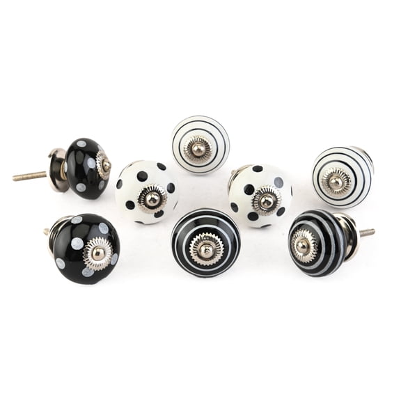 Perilla Home Printed Ceramic Knobs for Cabinet Vintage Kitchen - Set of 8 Assorted Decorative Cupboard Door & Wardrobe Drawer Pulls Chrome Hardware Handle Mix Design Knobs (White & Black)