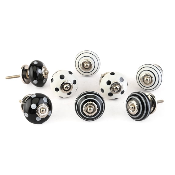 Perilla Home Printed Ceramic Knobs for Cabinet Vintage Kitchen - Set of 8 Assorted Decorative Cupboard Door & Wardrobe Drawer Pulls Chrome Hardware Handle Mix Design Knobs (White & Black)