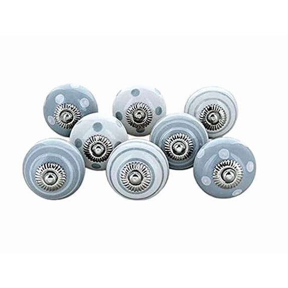 Perilla Home Printed Ceramic Knobs for Cabinet Vintage Kitchen - Set of 8 Assorted Decorative Cupboard Door & Wardrobe Drawer Pulls Chrome Hardware Handle Mix Design Knobs (White & Grey)