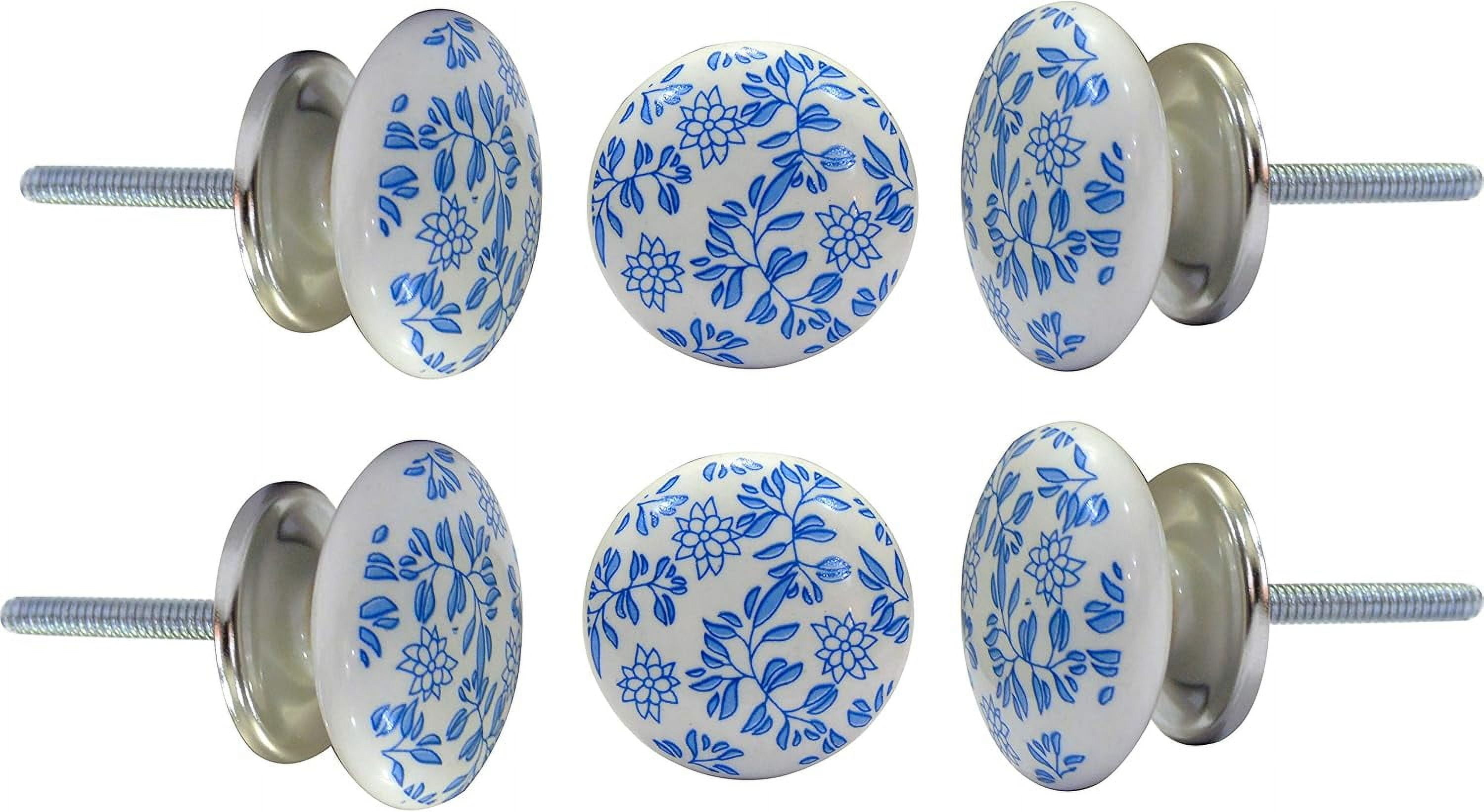 Perilla Home Set of 6 Ceramic Blue Shabby Knobs Decorative Printed Knobs for Home Kitchen Cabinet Hardware Cupboard Glass Door Dresser Wardrobe and Drawer Pulls