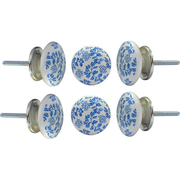 Perilla Home Set of 6 Ceramic Blue Shabby Knobs Decorative Printed Knobs for Home Kitchen Cabinet Hardware Cupboard Glass Door Dresser Wardrobe and Drawer Pulls