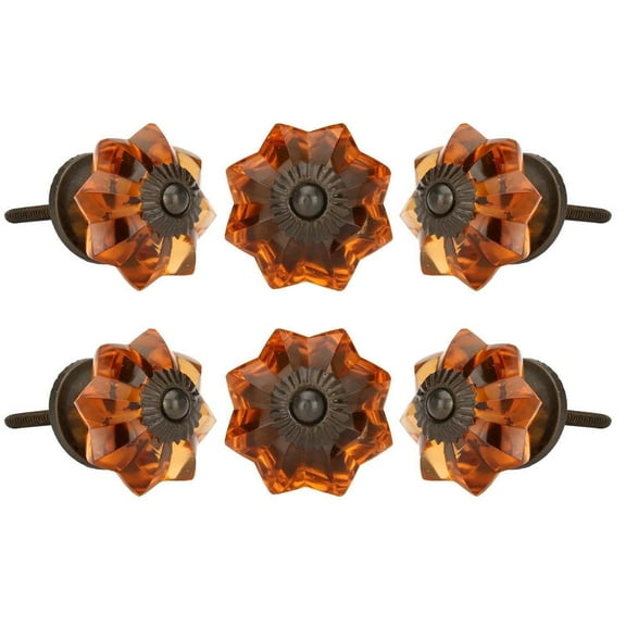 Perilla Home Set of 6 Crystal Knobs for Cabinet & Drawers Decorative Vintage Glass Knobs for Home Kitchen Cabinet Hardware Cupboard Glass Door Dresser Wardrobe and Drawer Pulls (Amber)