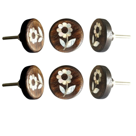 Perilla Home Set of 6 Daisy Flower MOP Wooden Cabinet Knobs Decorative Antique Knobs for Home Kitchen Cabinet Hardware Cupboard Door Dresser Wardrobe and Drawer Pull Handle
