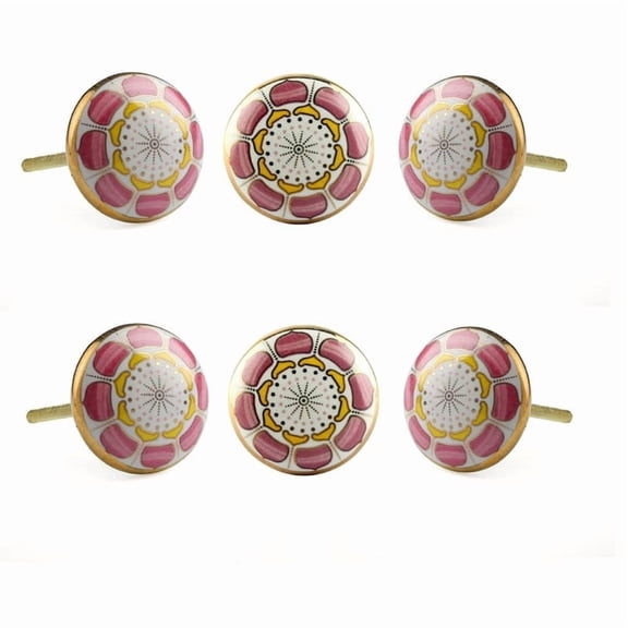 Perilla Home Set of 6 Knob (Ceramic with 24 K Gold) Decorative Knobs for Home Kitchen Cabinet Hardware Cupboard Door Dresser Wardrobe and Drawer Pulls (Marigold Pink)