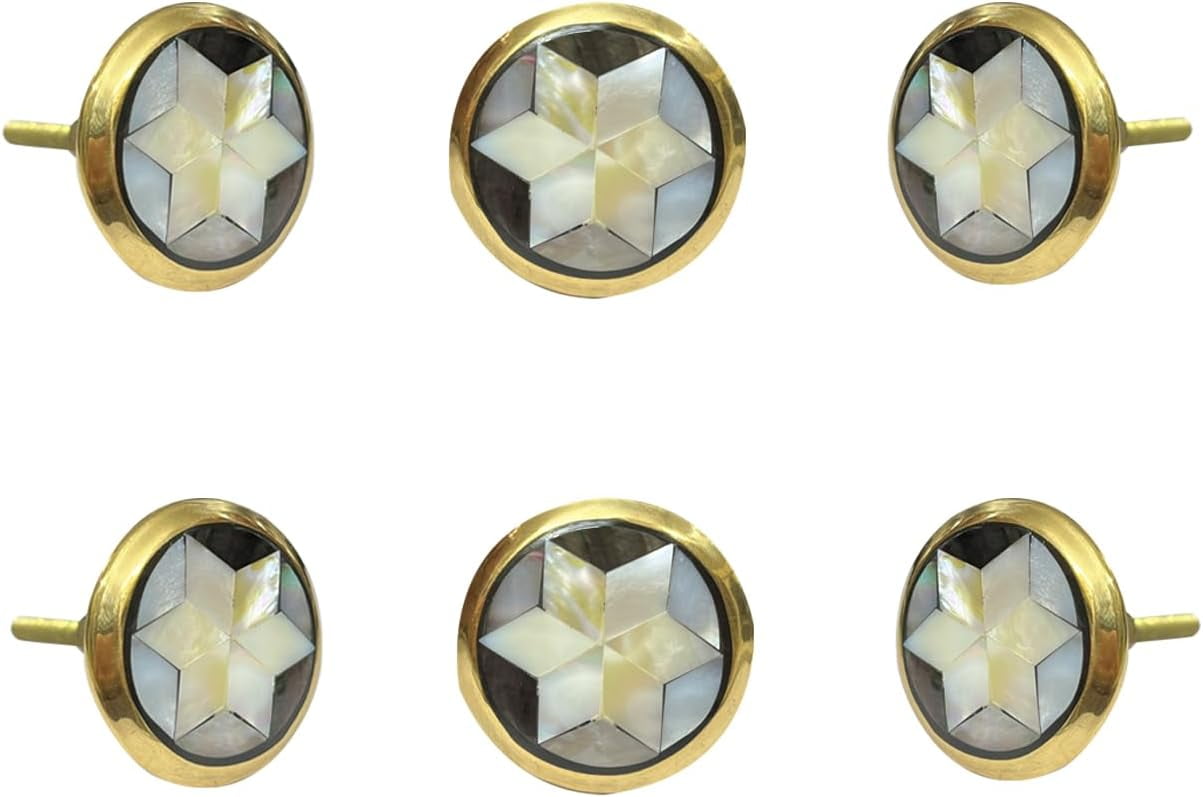 Perilla Home Set of 6 Knobs for Cabinet & Drawers Mother of Pearl Brass Knobs Decorative Vintage Knobs for Home Kitchen Cabinet Hardware Cupboard Door Dresser Wardrobe & Drawer Pulls (Star Knobs)