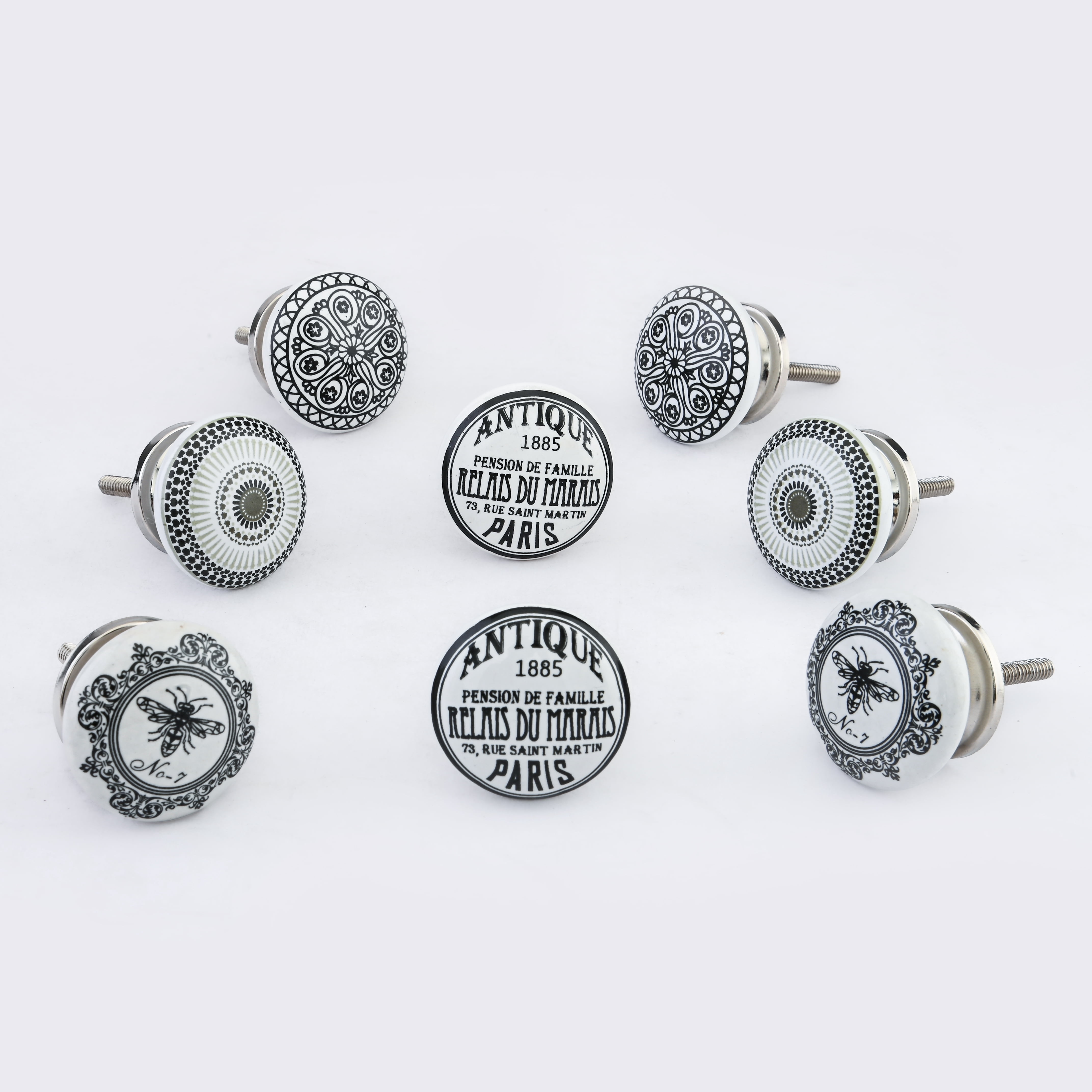 Perilla Home Set of 8 Round Black and White Printed Knobs Pull And Push