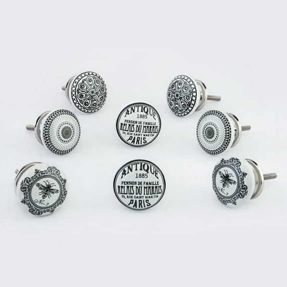 Perilla Home Set of 8 Round Black and White Printed Knobs Pull And Push For Handles Cabinet Door Home Interior Decorative Knobs for Home Kitchen Cupboard Bedroom Dresser Wardrobe Drawer Pulls